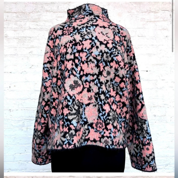 Zara Jacquard High Neck Wool Blend Floral Cozy Knit Sweater Pink Women's Size S - Picture 1 of 6